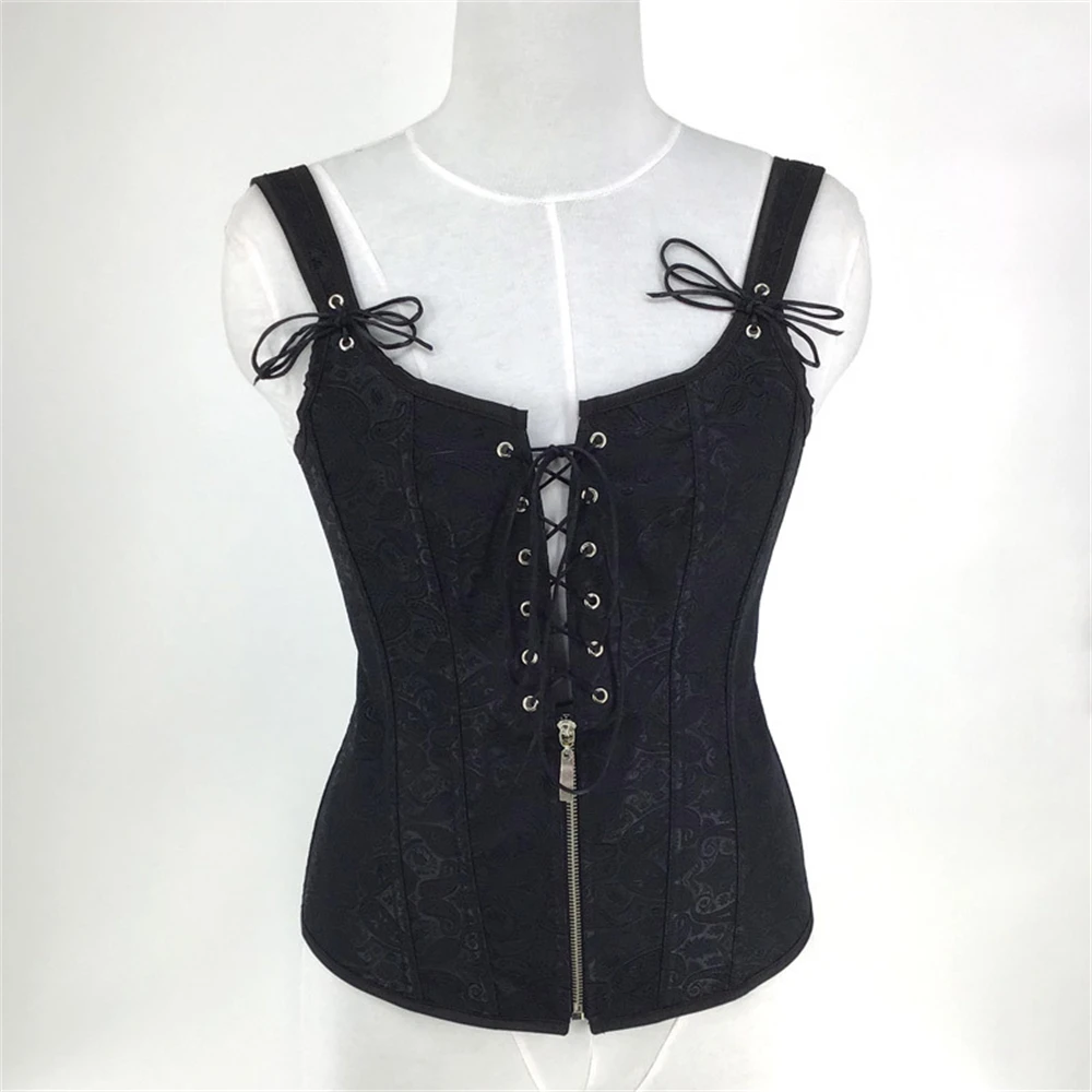 

Sexy Women Corset with Straps Black Overbust Corsets Vest Gothic Corsets and Steampunk Bustiers Zipper Jacquard Boned Corset Top