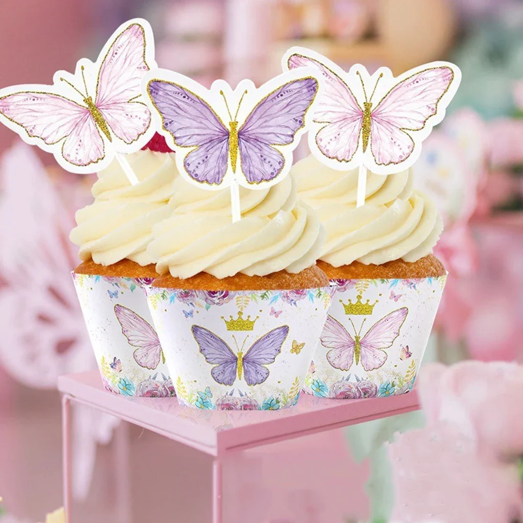 12pcs Butterfly Cake Decoration Pink Purple Butterfly Cupcake Edge Topper Cake Happy Girl Birthday Cake Decor Babyshower