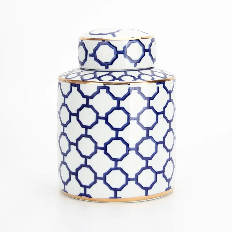 

New Chinese blue and white ceramic handicrafts lattice cylindrical sealed jar handicraft ornament