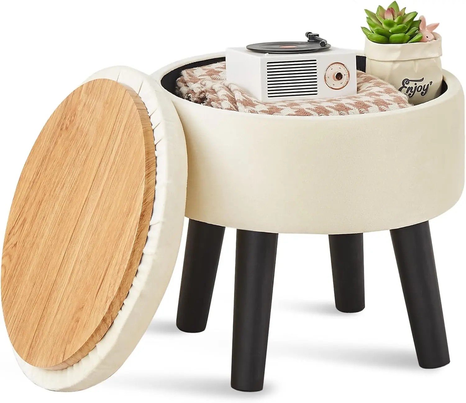 

Storage Ottoman Footstool Round Footrest With Removable Lid Soft Padded Foot Stool With Solid Wood Legs Step Stool Extra