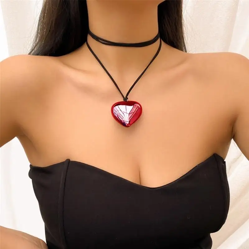 Goth Black Big Heart Pendant Choker Necklace for Women Elegant Weave Knotted Bowknot Adjustable Chain Jewelry