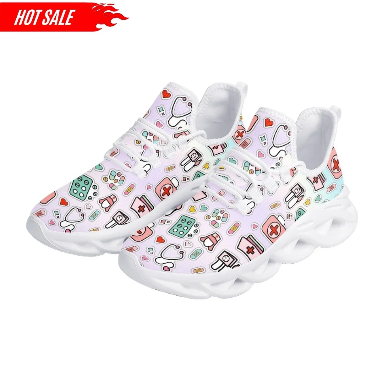 Hospital Work Nursing Shoes Lightweight Lace up Cushion Mesh Sneakers for Women Gradient Medical Tool Print Round Tennis Custom