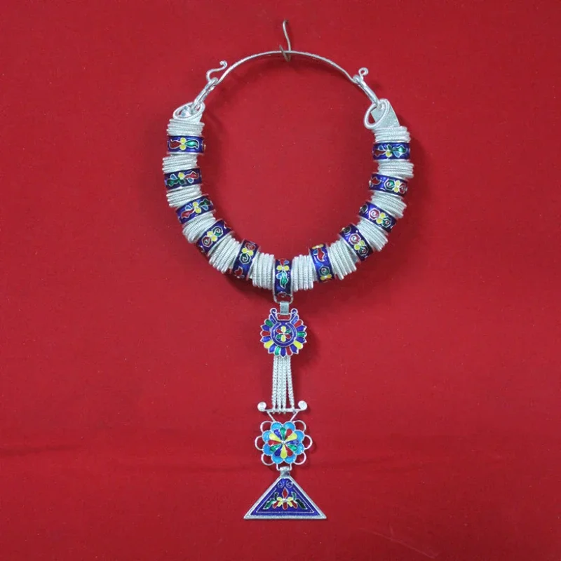 Hmong Necklace Pendant Women Lady Retro Collar Miao Silver Chain Jewelry National Festival Accessories Performance Wear