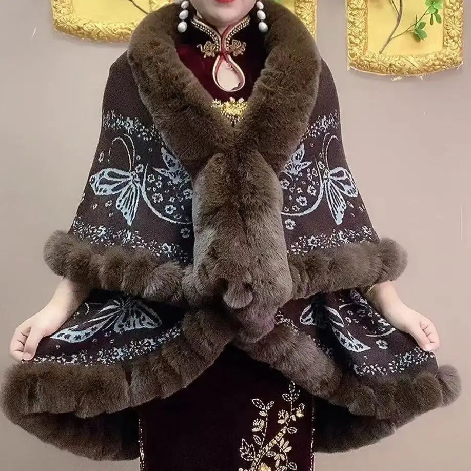 

Women Fashion Elegant Imitation Fox Fur Shawl Cape Coat Winter Luxury Faux Fur Collar Cloak Poncho Thicken Shawl Wraps E1527