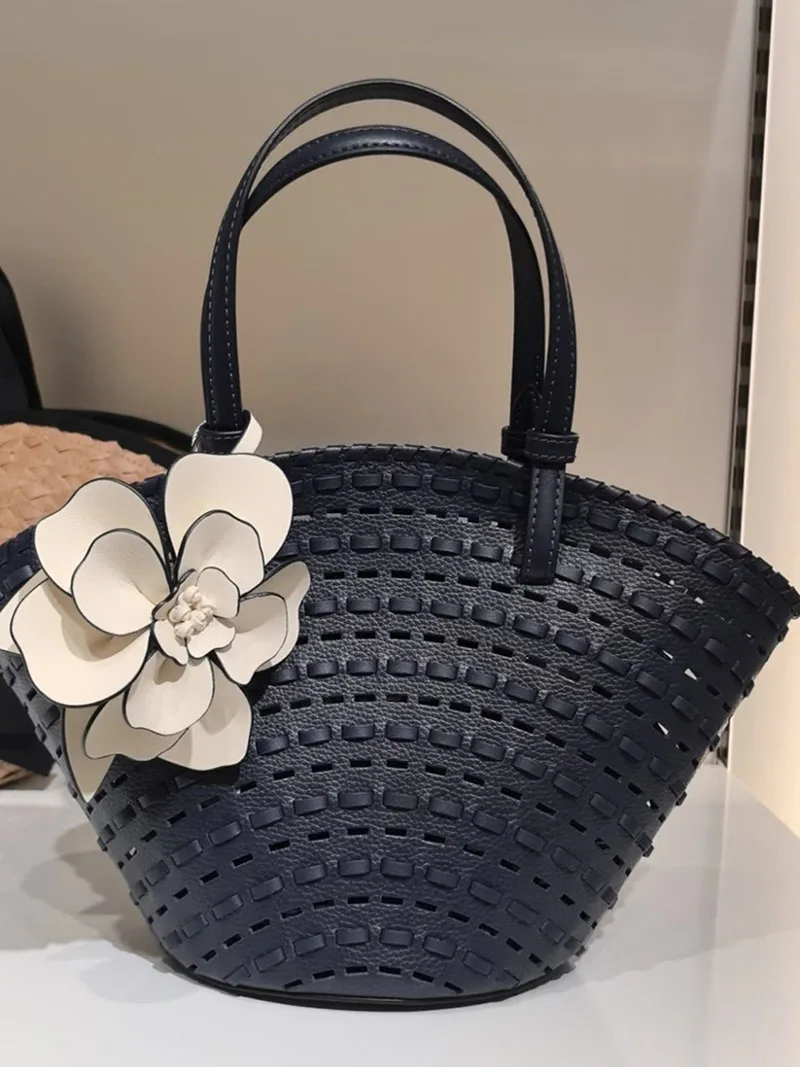 HIGHREAL New Pu Leather Handheld Hollow Woven Tote Bag Vegetable Basket Shoulder Bags Beach Vacation Picnic Handbag Summer