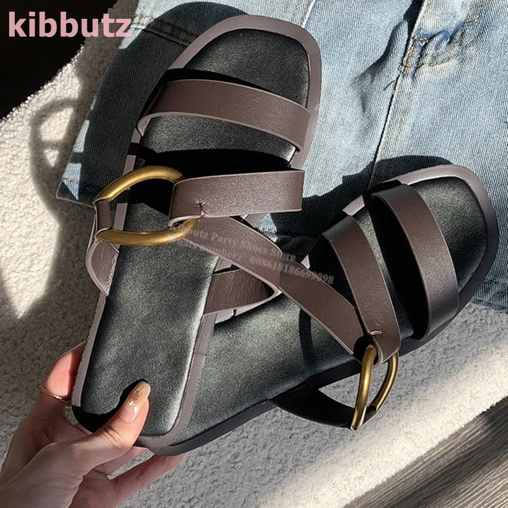 صنادل شبشب بحلقة معدنية من الجلد بمقدمة مستديرة مسطحة مع سهلة الارتداء بلون سادة أحذية نسائية أنيقة ومثيرة وموجزة جديدة