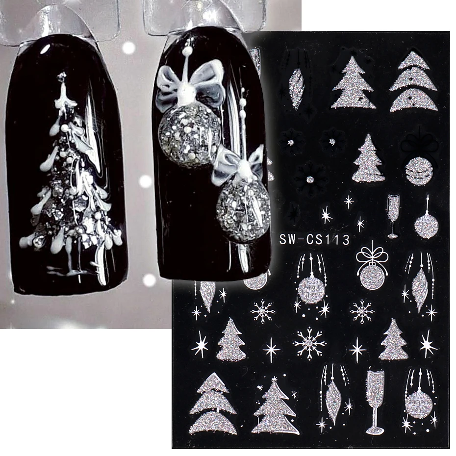 NEW Christmas Series Nail Polish Stickers Sparkly Glitter Nail Art Decorations Xmas Tree Heart Designs Snowflakes Manicure Tips