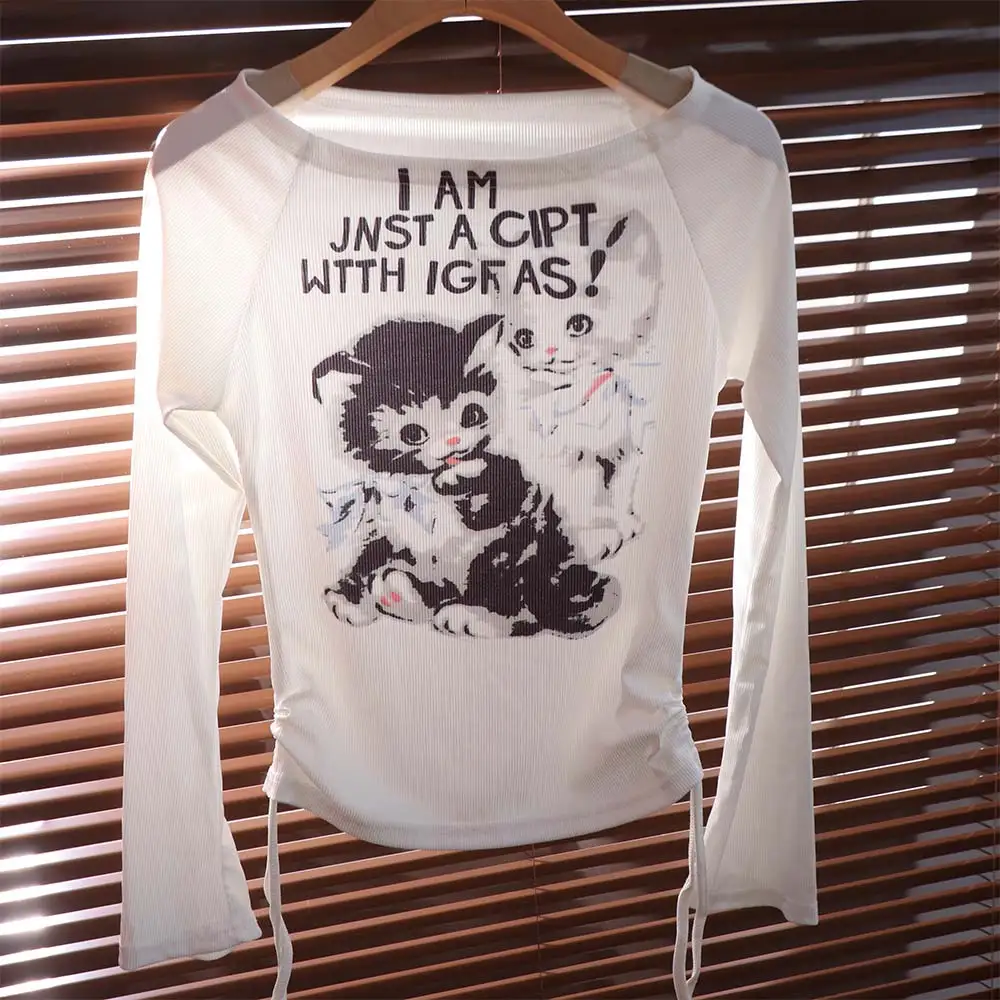 

Korean Style Cat Off Shoulder T-shirts Cartoon Drawstring Long Sleeve Tees Shirt Thin Streetwear Pullover Women Retro Summer