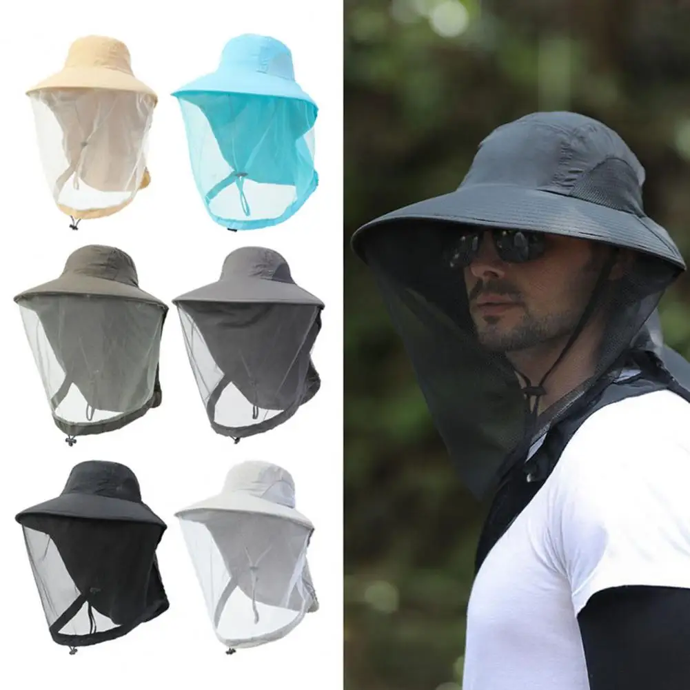 

Fishing Hat with Veil Mesh Wide Brim Sun Protection Breathable Hat Mosquito-Proof Adjustable Drawstring Hat