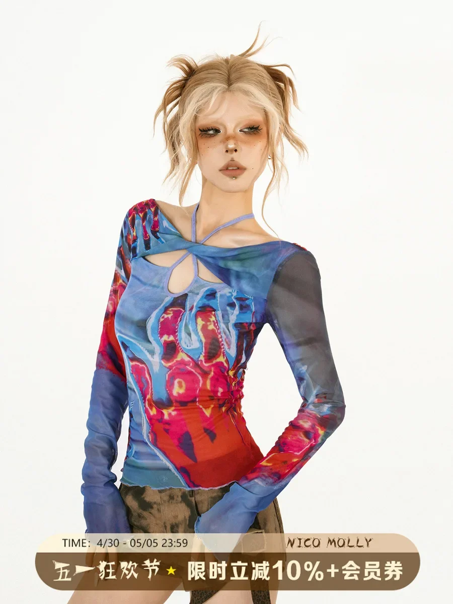 IMU Hot Girls Spring Hollow Out Mesh Slim Halter Neck Novelty Original Design Printing Long Flare Sleeve Gothic Punk Shirt Tops