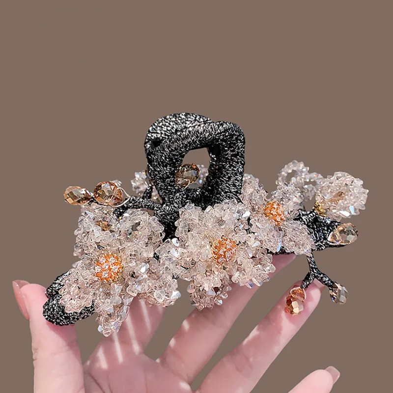 Exquisite Korean Crystal Diamond Flower Large Size Hair Claws Party Back Head Hair Clip Shark Clip Headband Hair Accessories