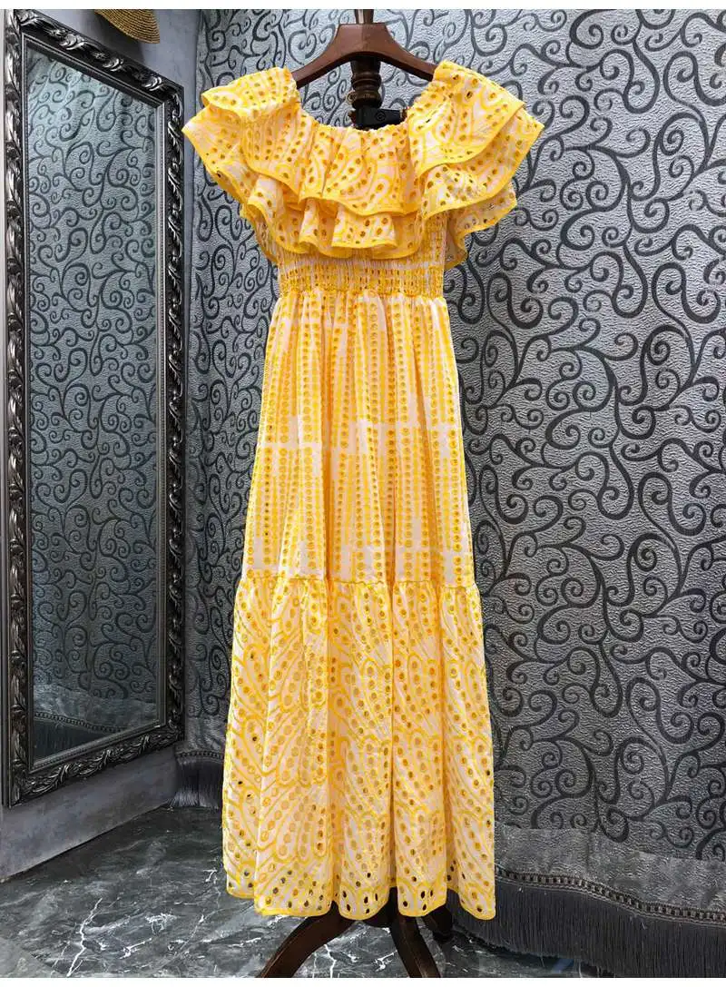 

Bohemian Long Dress 2022 Summer Style Women Exquisite Embroidery Elastic Waist Ruffle Sexy Long White Yellow Blue Maxi Dress