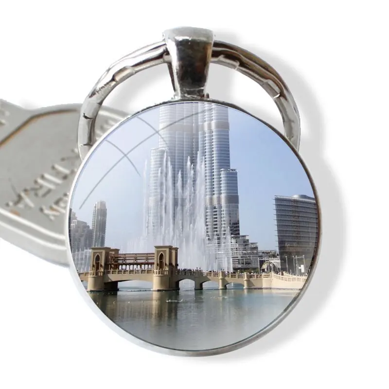 Dubai Burj Khalifa Tower Building Keychain Handmade Glass Cabochon Key Ring Holder Pendant Key Chains Funny Gift Design Creative