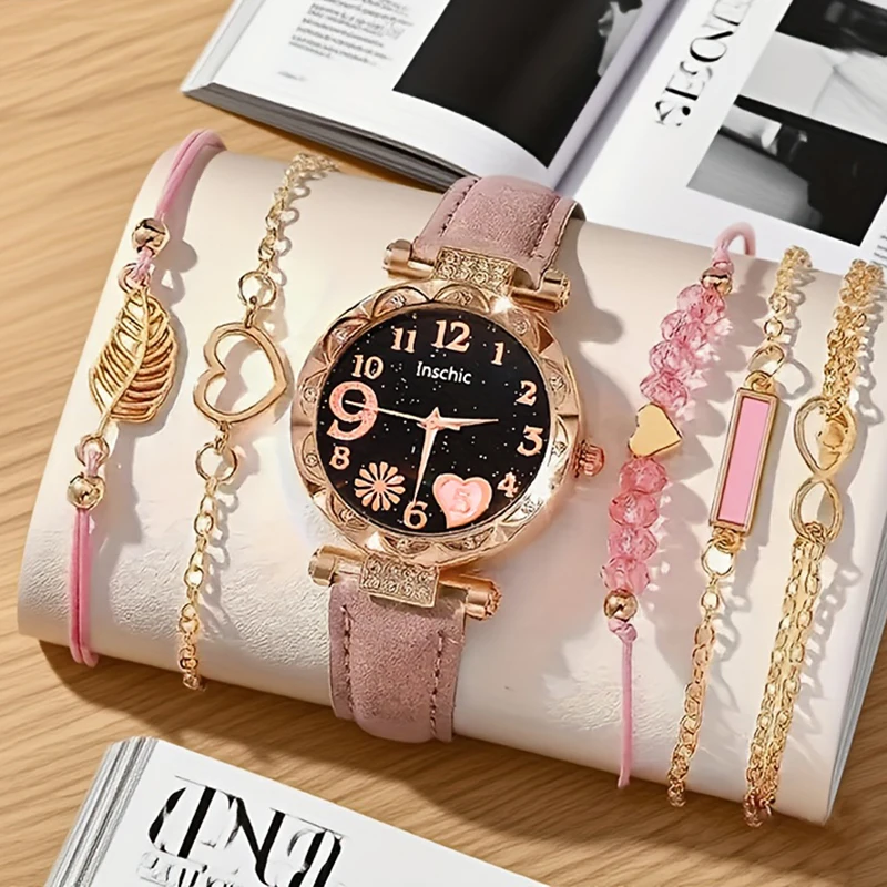 6pcs/set Women's Fashionable and Casual Circular Digital Dial PU Leather Strap Watch and Bracelet, Women's Watch (no Box)