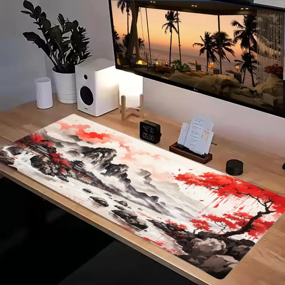 Red Moon Ink Lake Mountain Atmospheric Desk Mat Oriental Dark Style Non-Slip Stitched Edge Mouse Pad for Office Gaming