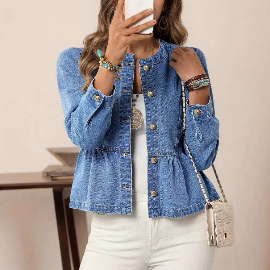 Cappotto di jeans da donna manica svasata giacche solide bottoni in vita stretta giacca o collo cappotti casual slim base Office Lady autunno 2025