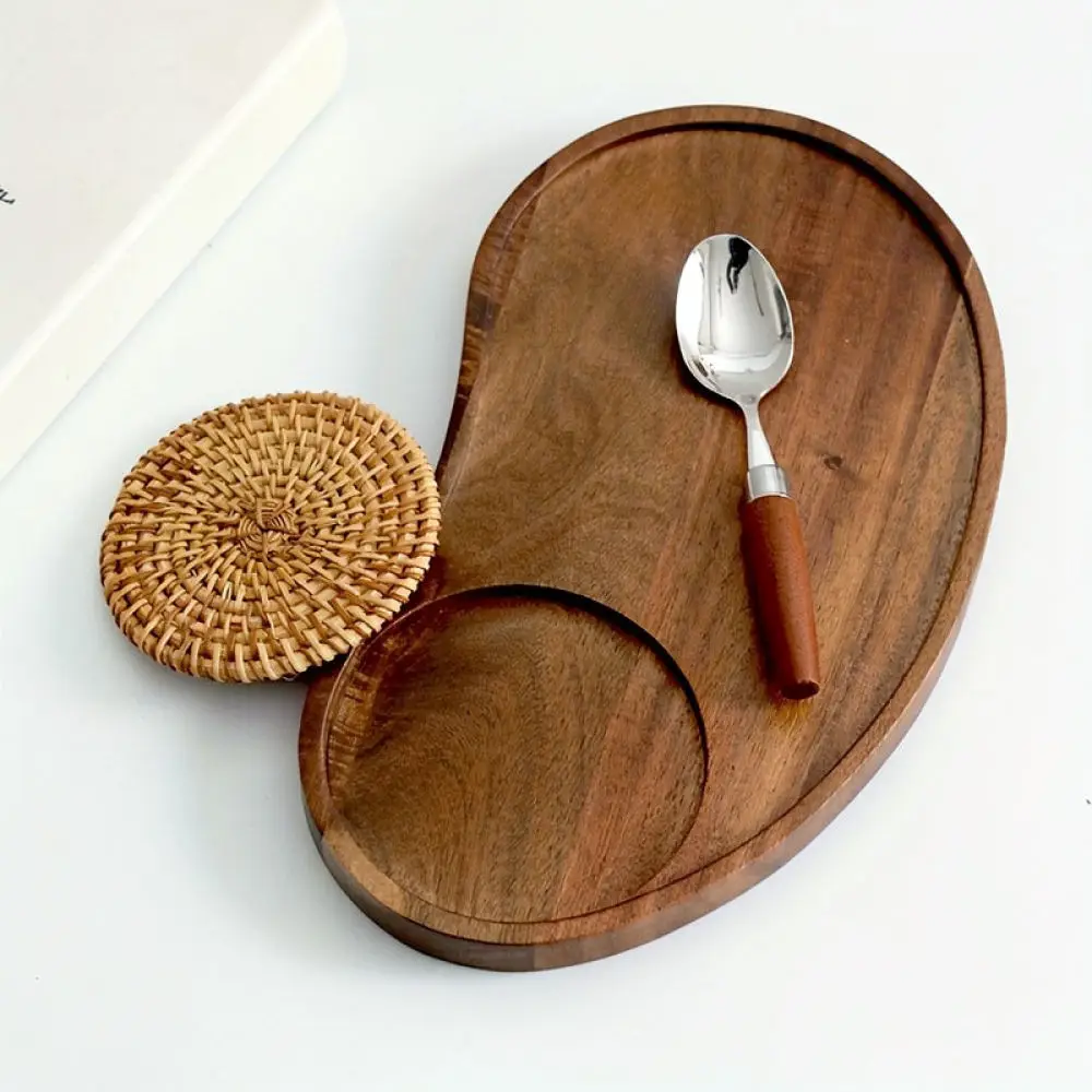 Rustic Acacia Wood Serving Tray Irregular Cashew Shape Plate For Coffee Cups Tea Service Home Kitchen Decorative Platter