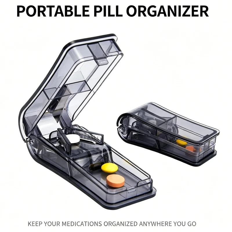 Portable Pill Splitter Cutter with Storage Box Medicine Organizer Container for Tablets Vitamins Home Travel Medication Use