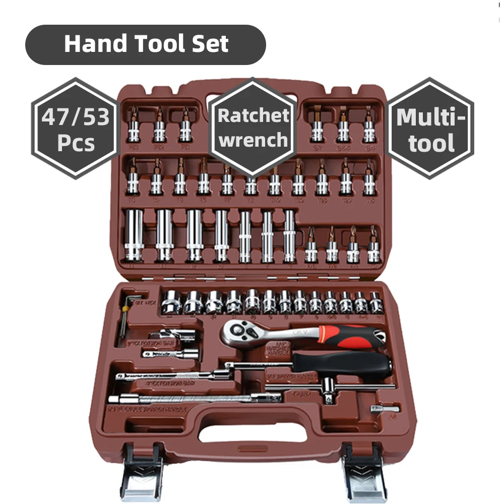 53 Pcs Professional Automotive Car Garage Repair Tool Set Hand Tool Bicycle Key Kit 1/4 Ratchet Wrench Hexagon Socket Spanner