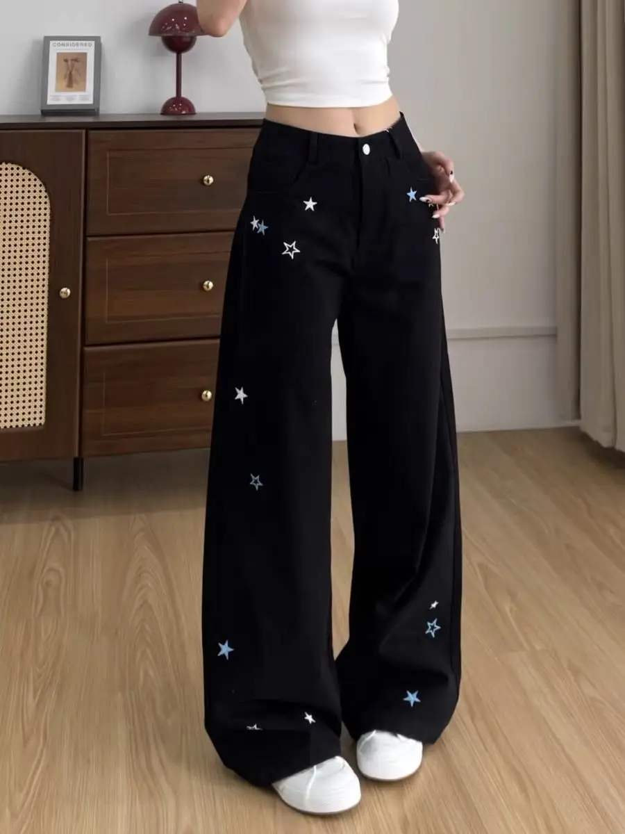 Women American Design High Waist Star Embroidery Black Jeans Slim Loose Straight Wide Leg Floor Length Versatile Denim Trousers