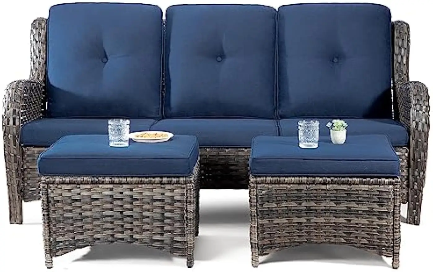 Outdoor Couch Set - 3-Piece Wicker Outdoot Sofa Set with 3-Seat Couch and 2 Ottomans Outdoor Wicker Patio Furniture, Cushions