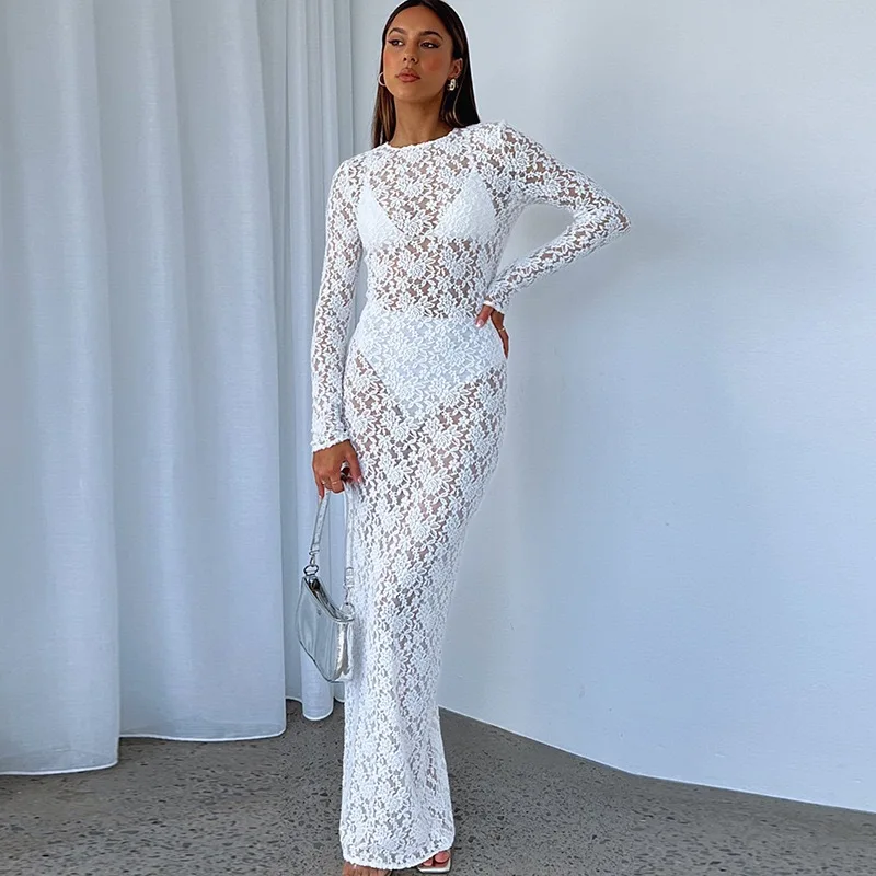 2024 Spring/Summer New Women's Solid Color Long Dress Hollow Lace Pattern Dress Perspective Slim Fit Long Dress