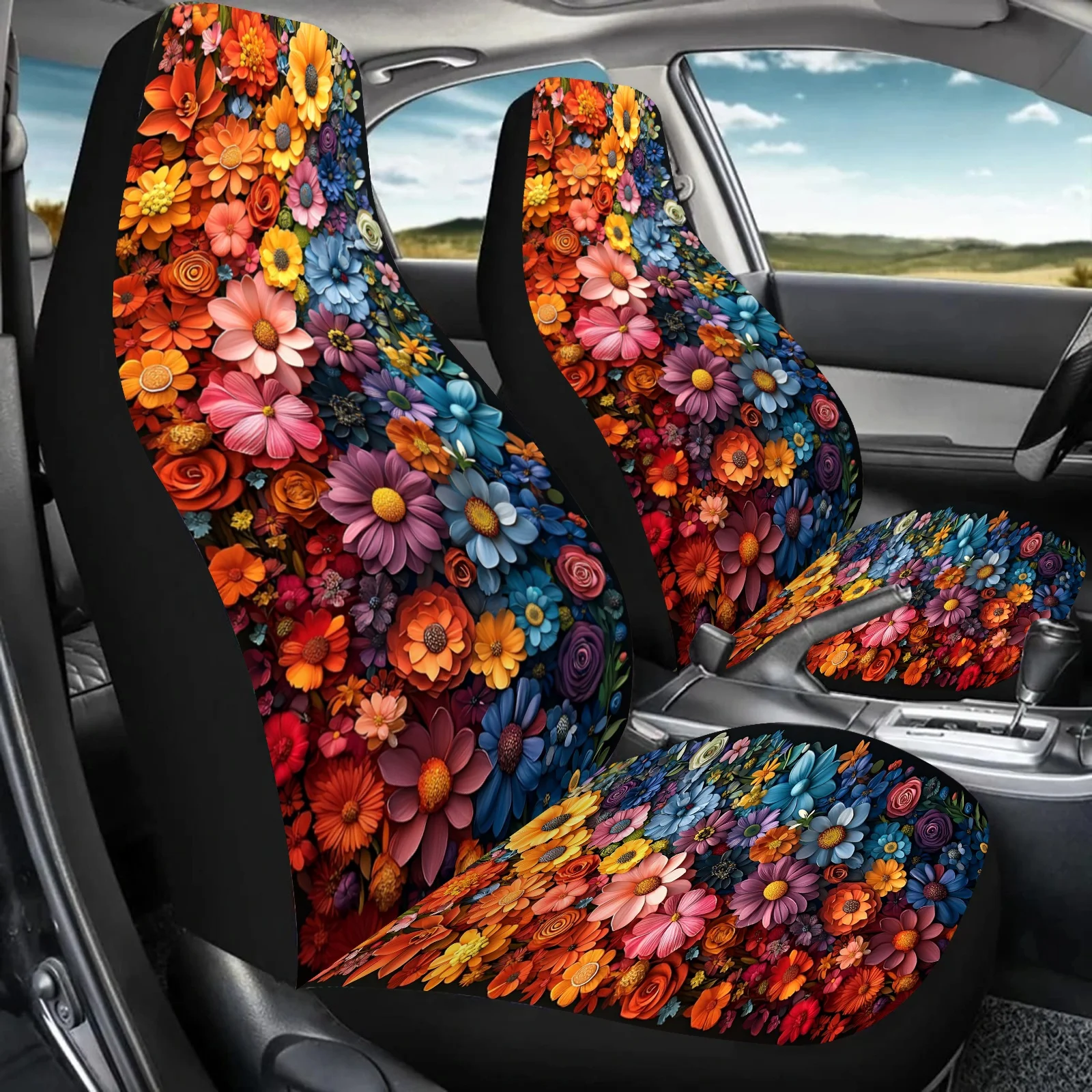 2pcs Colorful Floral Print Car Seat Covers - Fit For Cars, SUVs, Trucks - Soft Foam Padding & Durable Fabric - Stylish Front Sea