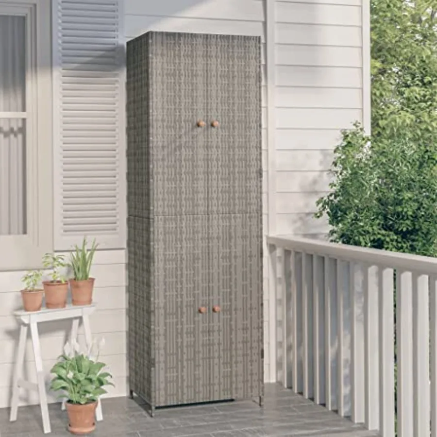 

Garden Storage Cabinet, Durable Poly Rattan and Steel Frame, 4 Compartments Organizer, Water-Resistant Design for Outdoor Patio