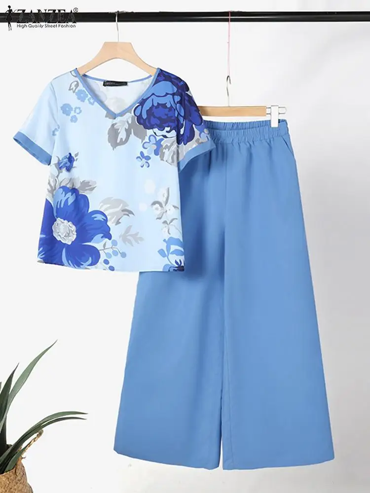 ZANZEA Elegant Leisure Pant Suits Casual Loose 2024 Summer Short Sleeve Top Wide Leg Trouser Pant Sets Floral Print 2pcs Outfits