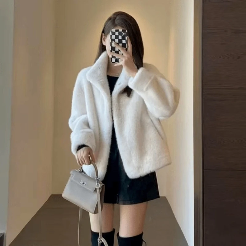 Women's Fur Coat Soft Warm Stand Collar with Button Closure Loose Short Jacket Casual Faux Fur Multiple Colors Thicken Jackets