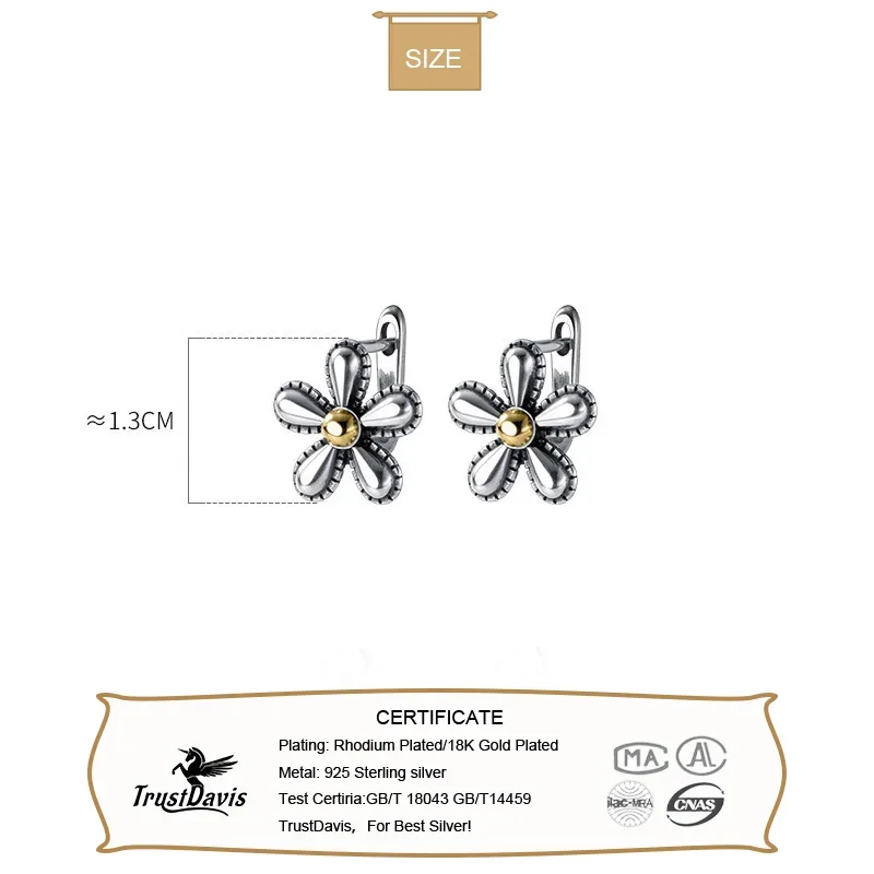 TrustDavis Real 925 Sterling Silver Retro Sweet Flower Earrings for Daughter Mother‘s Day Birthday Gift Fine Jewelry DS3634