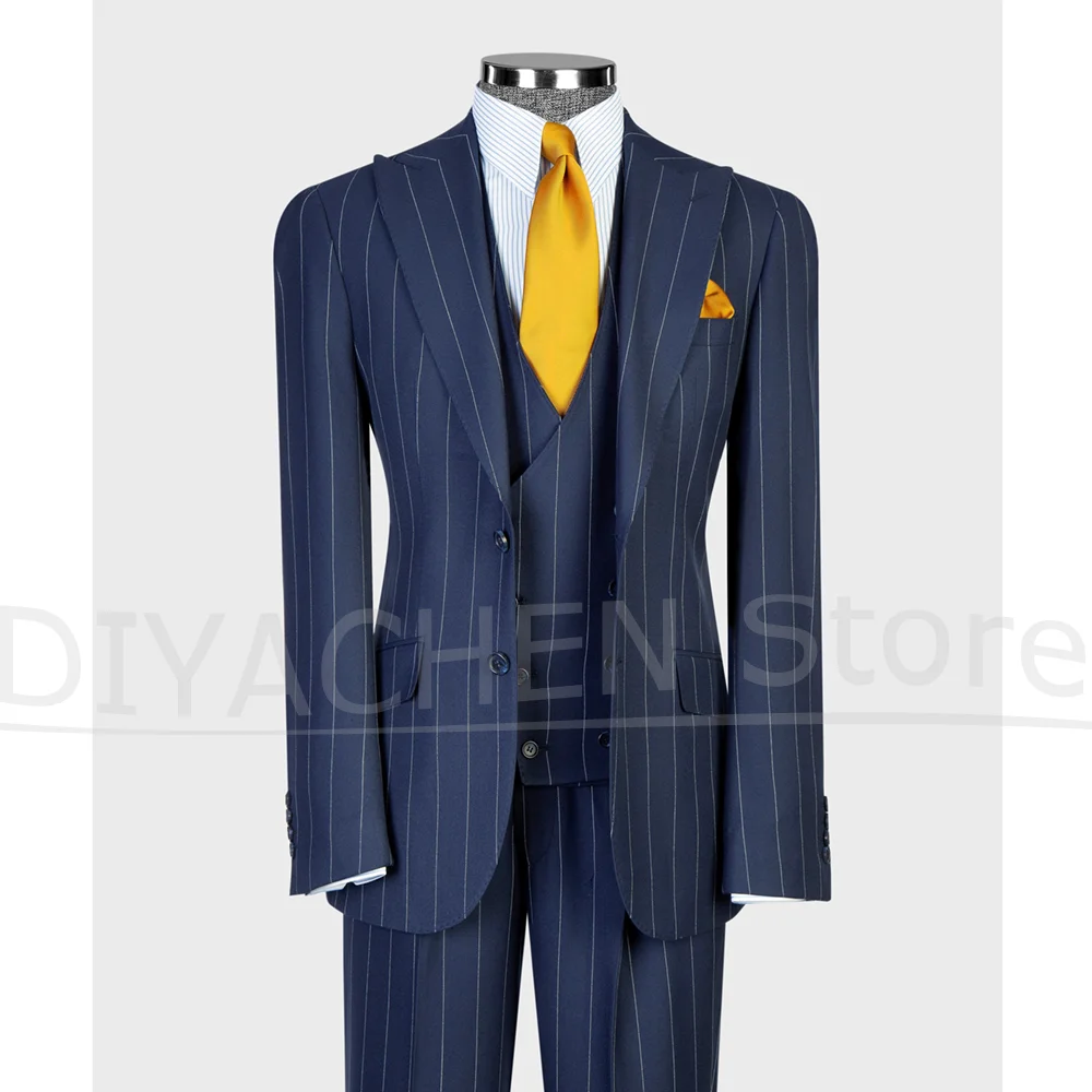 Mens Pinstripe 3 Piece Suit Slim Fit Peak Lapel Single Breasted Wear Formal Wedding Business Casual Outfit (Jacket+Vest+Pants)