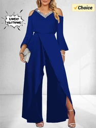 2024 Women's New Split Sequin Solid V-neck Basic Business Elegance Wide Leg Loose Sleeve Flare Sleeve Jumpsuit Bodysuit