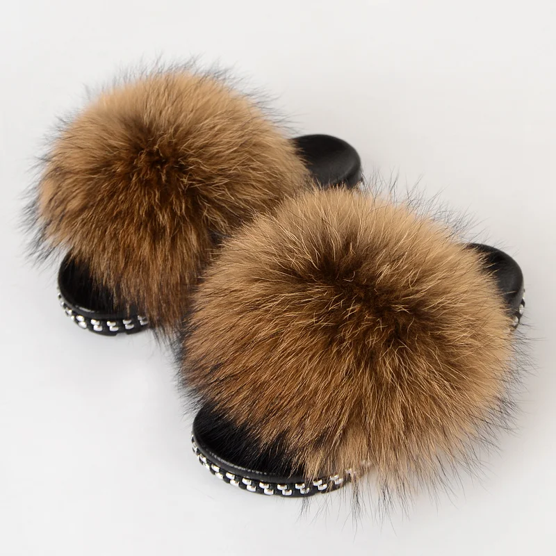 Fur Slides For Women Furry Slippers House Summer Fox Fur Sandals Ladies Luxury Fashion Female Home Shoes With Fur New Arrival