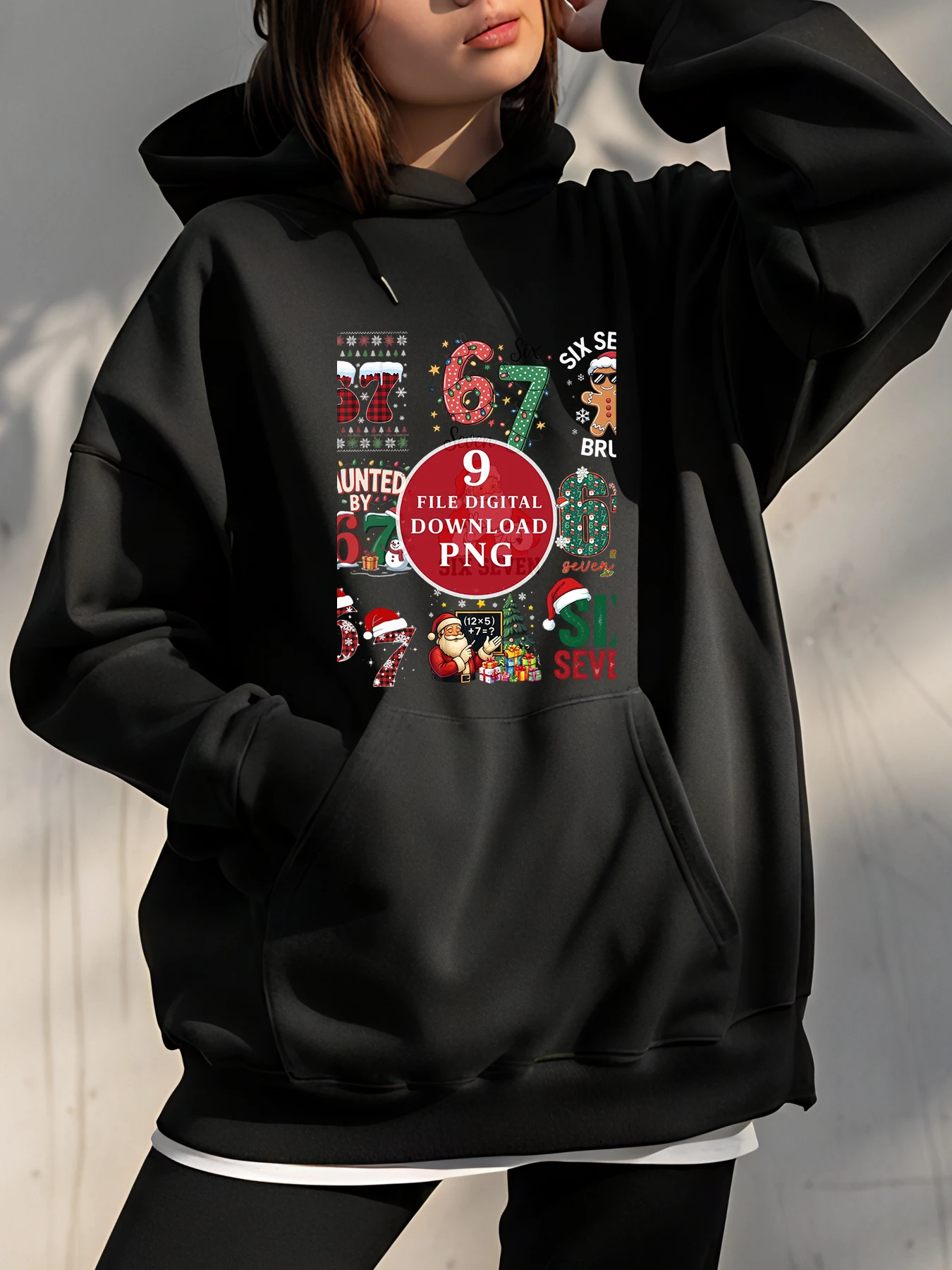 

【Christmas】Santa Says Six Seven Print Hoodie Loose Fit Casual Style Cartoon Santa Design, Women, Holiday Outing