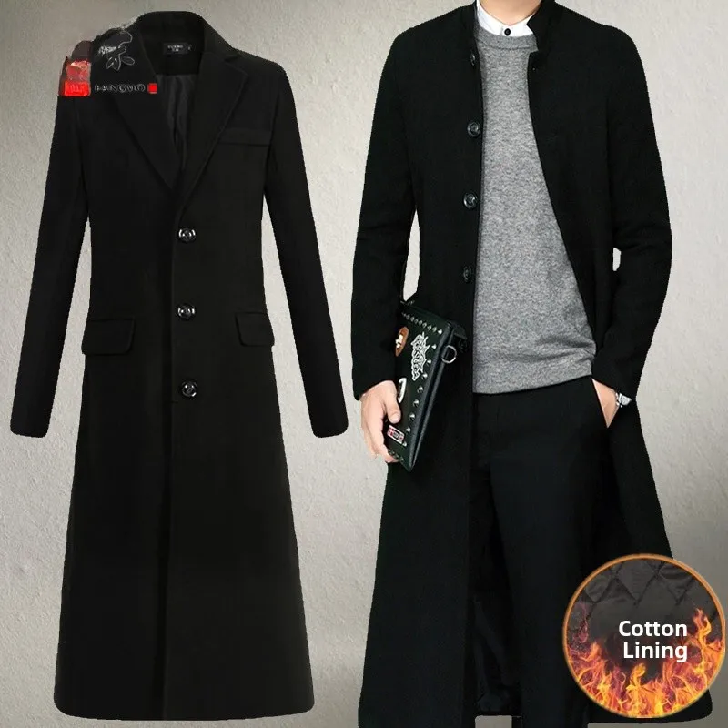 

Мужское удлиненное шерстяное пальто ниже колена, очень длинный тренчкот, молодежный повседневный стиль, воротник-стойка, осенне-зимняя модная верхняя одежда