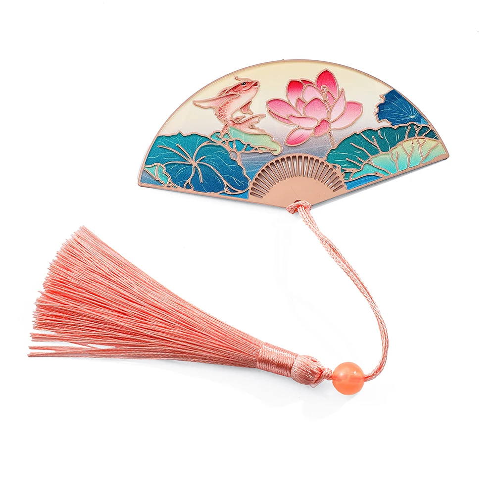 Chinese Style Folding Fan Bookmark Carp Lotus Flower Hollow Tassels Metal Book Page Marker Reading Gifts Stationery Supplies