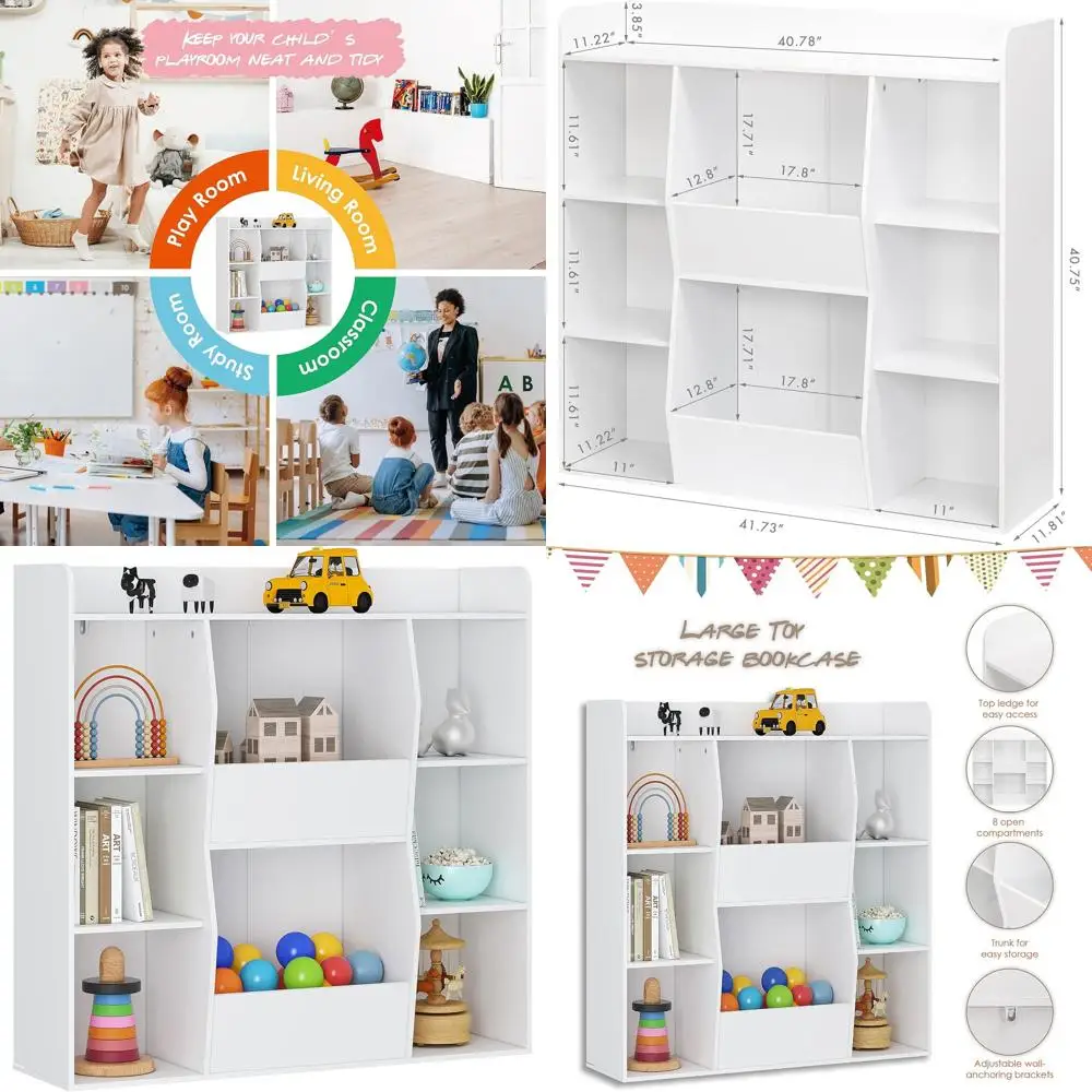 

8-Cubby Bookcase with Storage Bins, Open Shelf Organizer, Large Display Stand for Kids' Rooms, Classrooms, Nurseries, White