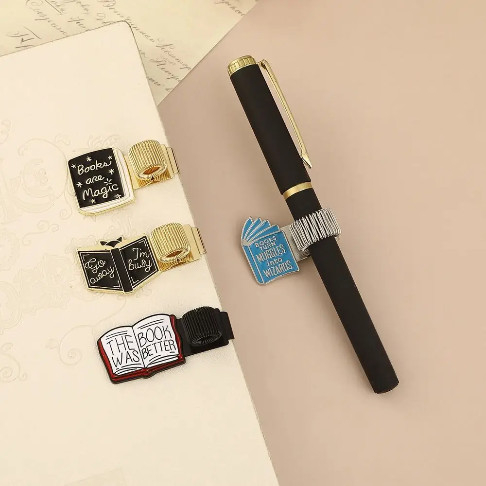New Metal Pen Clip Book Shaped with Pen Loop Spring Pen Keeper Elastic Pen Holder Journals & Notebook