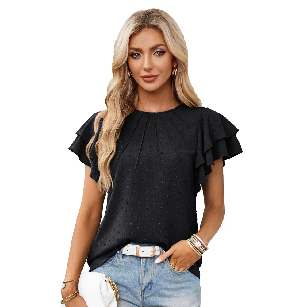 Jasambac-Blusa de manga corta con estampado de hojas de loto para mujer, Top elegante con estampado de puntos, doble capa, cuello redondo