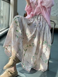 Falda de lino y algodón con estampado Floral para mujer, falda plisada holgada de cintura alta, informal, coreana, para primavera y verano, 2023