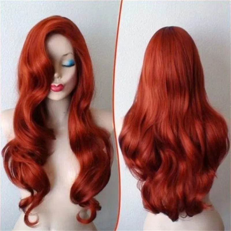 Euramerican Fashion Woman Wine Red Long Hair Curly Full Wig High-temperature Silk Daily Wear Festival Party Ball Simulated Hair