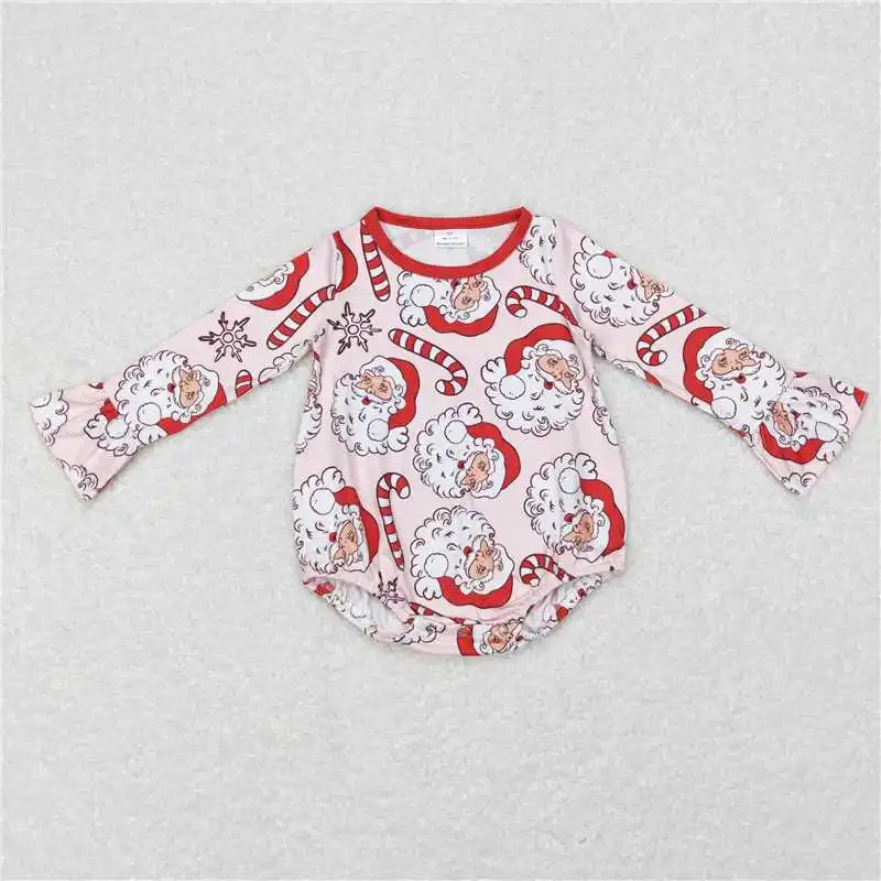 Wholesale hot sale western boutique newborn toddler Baby Girls Christmas tree bow pattern pink lace long-sleeved onesies