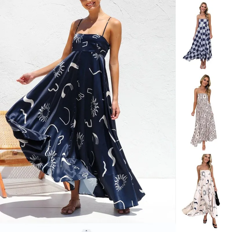 

2024 Printed Spaghetti Strap Long Dresses for Women Sleeveless Backless A-line Maxi Dress Female Casual Vacation Beach Vestidos