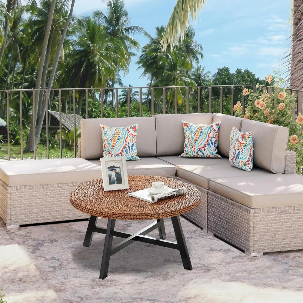 Round Coffee Table, Seagrass Coffee Solid Pine Wood X Base Frame Cocktail Table, Easy Assembled, Multiple Sizes For Living Room