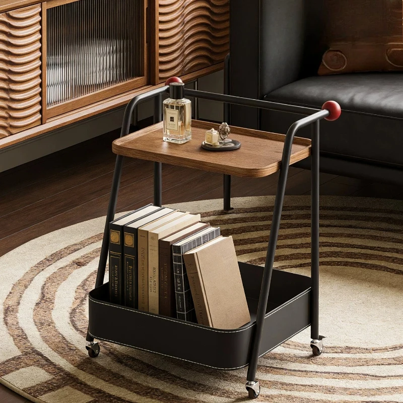 Saddle Leather Mobile Side Tables Mid-century Designer End Table Luxury Rolling Cart Creative Movable
