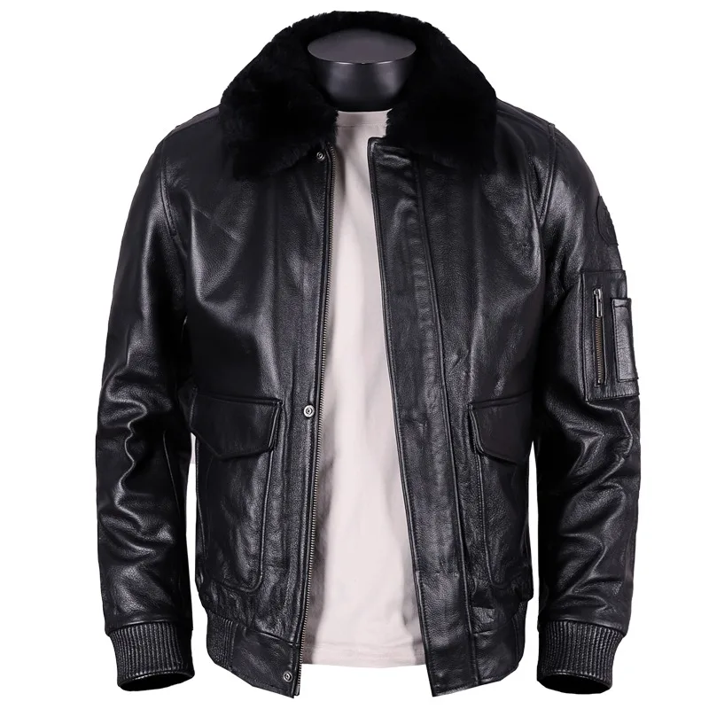 2024 New Classic Flight Suit Leather Jacket Autumn Winter Men's Warm Ribbed Head Layer Cowhide Leather Male Motorcycle Jackets