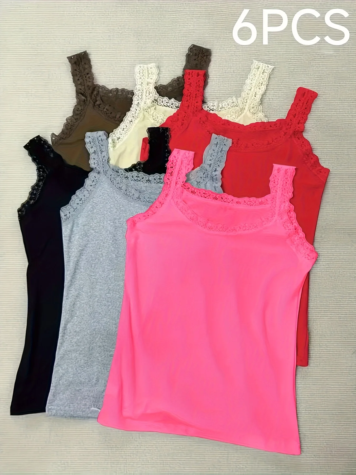 6 Pieces Plus Size Lace Camisole for Women, Slim Fit Thin Sexy Lace Tank Tops, Solid Color Inner Wear & Outer Wear Basic Vest view 2