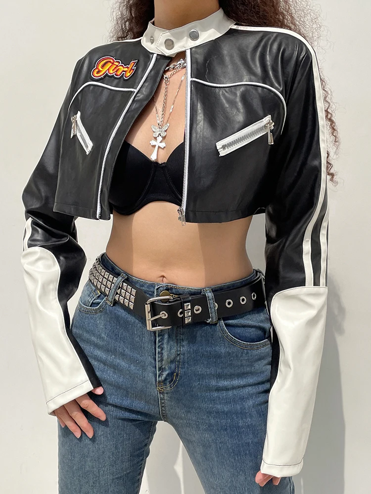 Darlingaga Streetwear Punk Style Patchwork Cropped PU Leather Jacket Women Zipper Autumn Winter Jacket Contrast Color Basic Coat