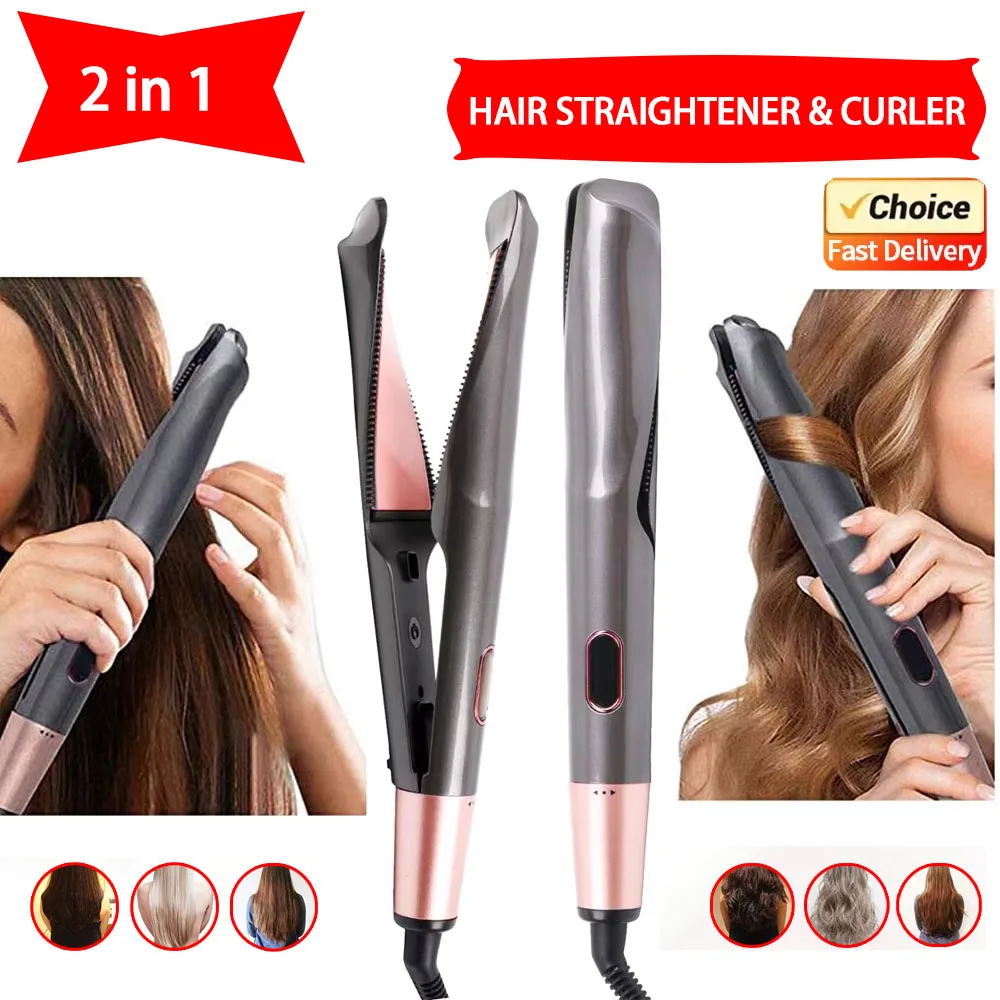 

2025 New Hair Straightener Curler 2 in 1 Negative Ion Fast Heating Styling Iron Professional Flat Iron Curling Tool Home Travel